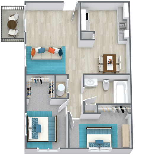 Floor plan for 2 beds, 1 bath, 902 sqft